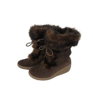 VTG Brilliant Winter Snow Boots Leather Fuax Fur Lining Wedge Womens Size 7M